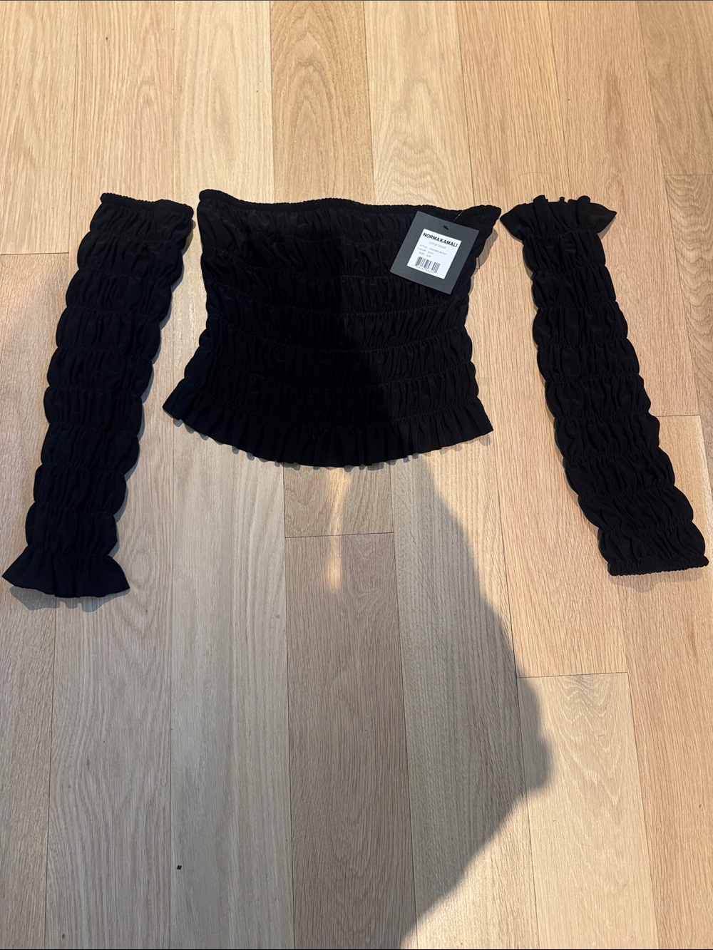 Norma Kamali Black Smocked Off-Shoulder Top with Detachable Sleeves